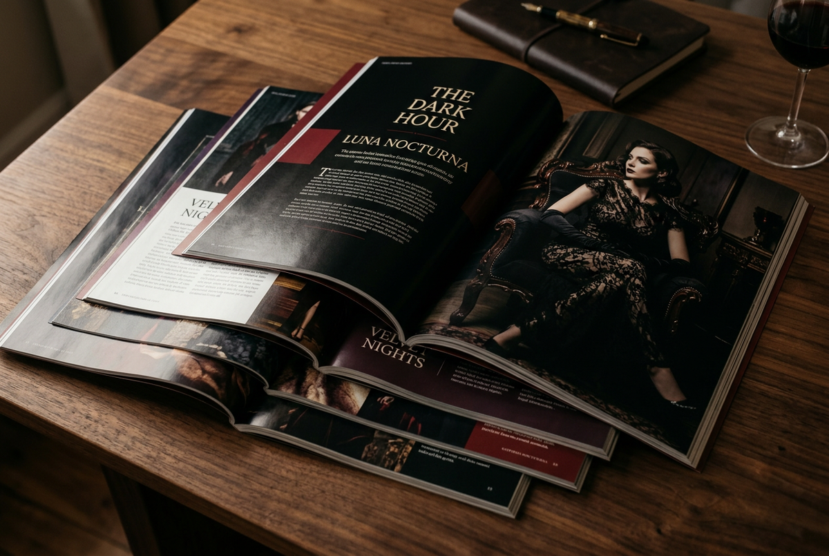 Stylised preview of gothic fashion editorial spreads inside Darkside Issue 85, fanned out on a dark wooden table.