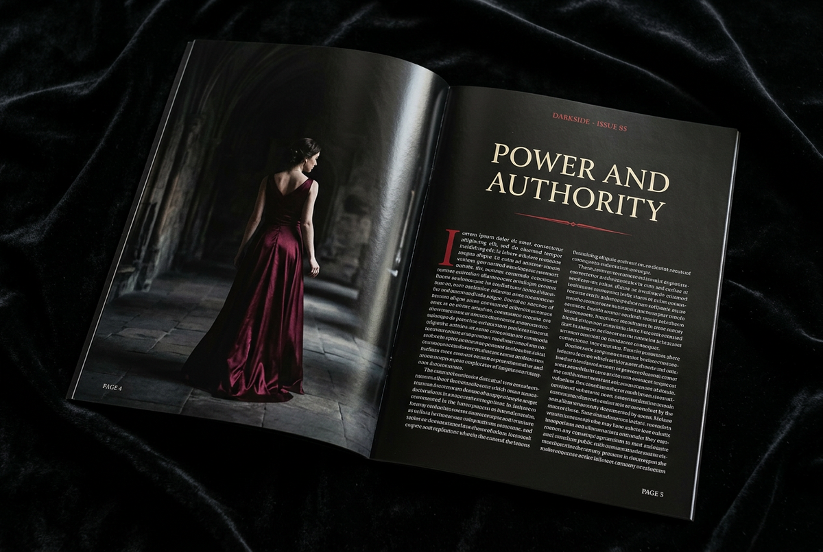 Stylised preview of a Darkside Issue 85 interview spread: Power and Authority feature in cream serif type beside a moody photograph of a woman in a burgundy gown.