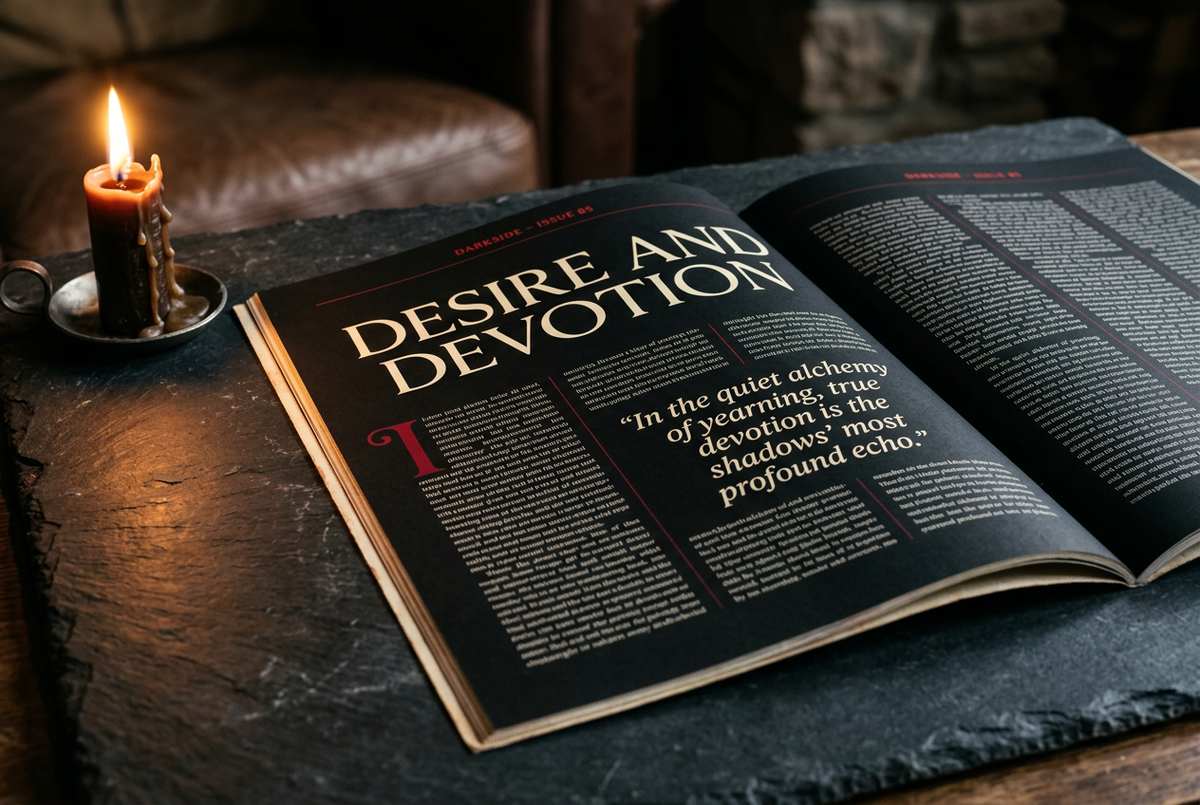 Stylised preview of a Darkside Issue 85 feature page, Desire and Devotion, with elegant cream typography and a red drop cap on a black page by candlelight.
